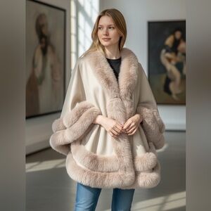 NWT LA Fiorentina cape poncho Capelet shrug blanket ruana coat Fur Trim OS